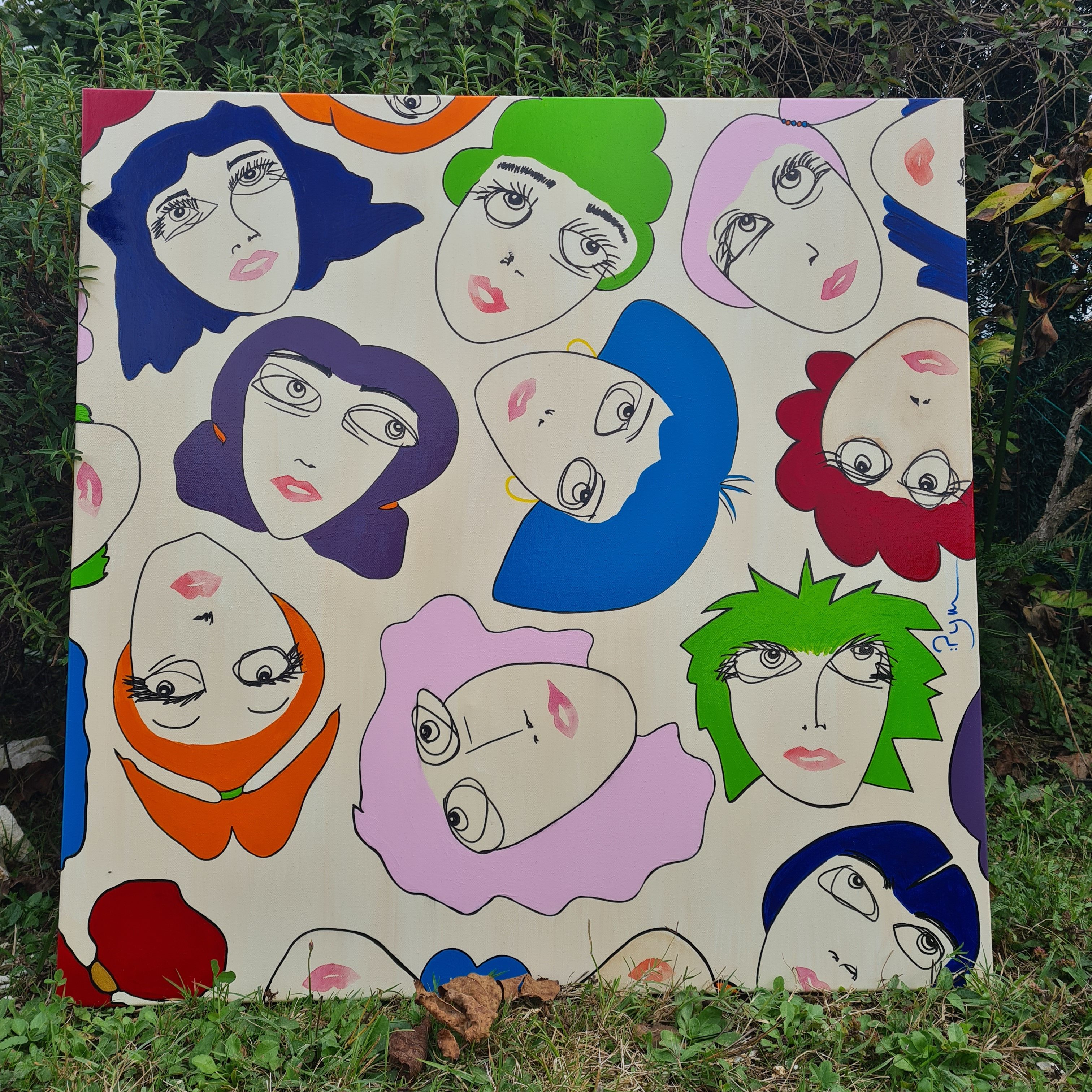 Tableau acrylique d'une foule colorée de portraits de femmes, art contemporain figuratif et naïf par PyM artiste de Dordogne, "JEANNE ET LES COPINES" 2023_070