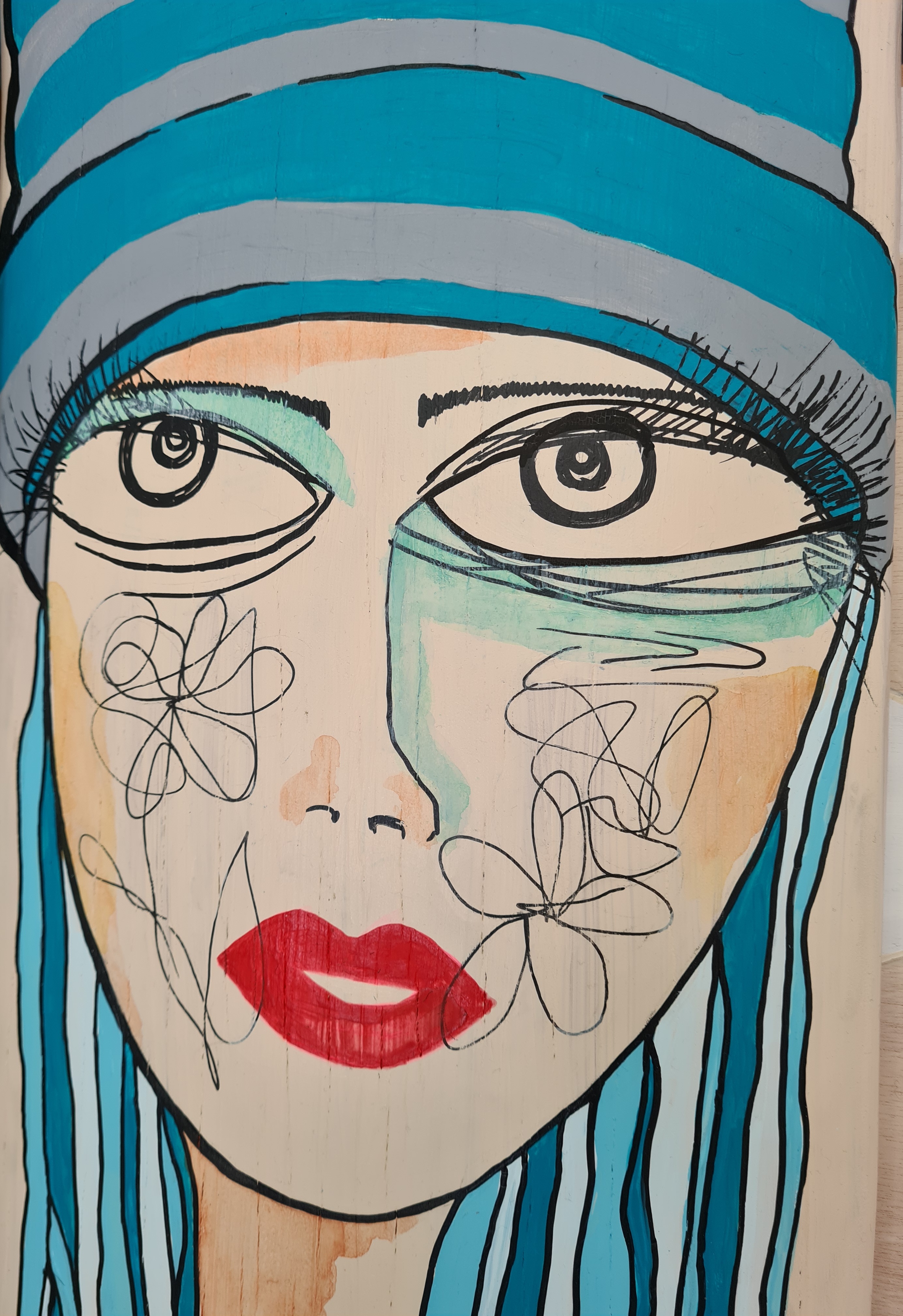 Peinture figurative Skate "BLUES", portrait de femme par PyM peintre artiste française de Dordogne, France