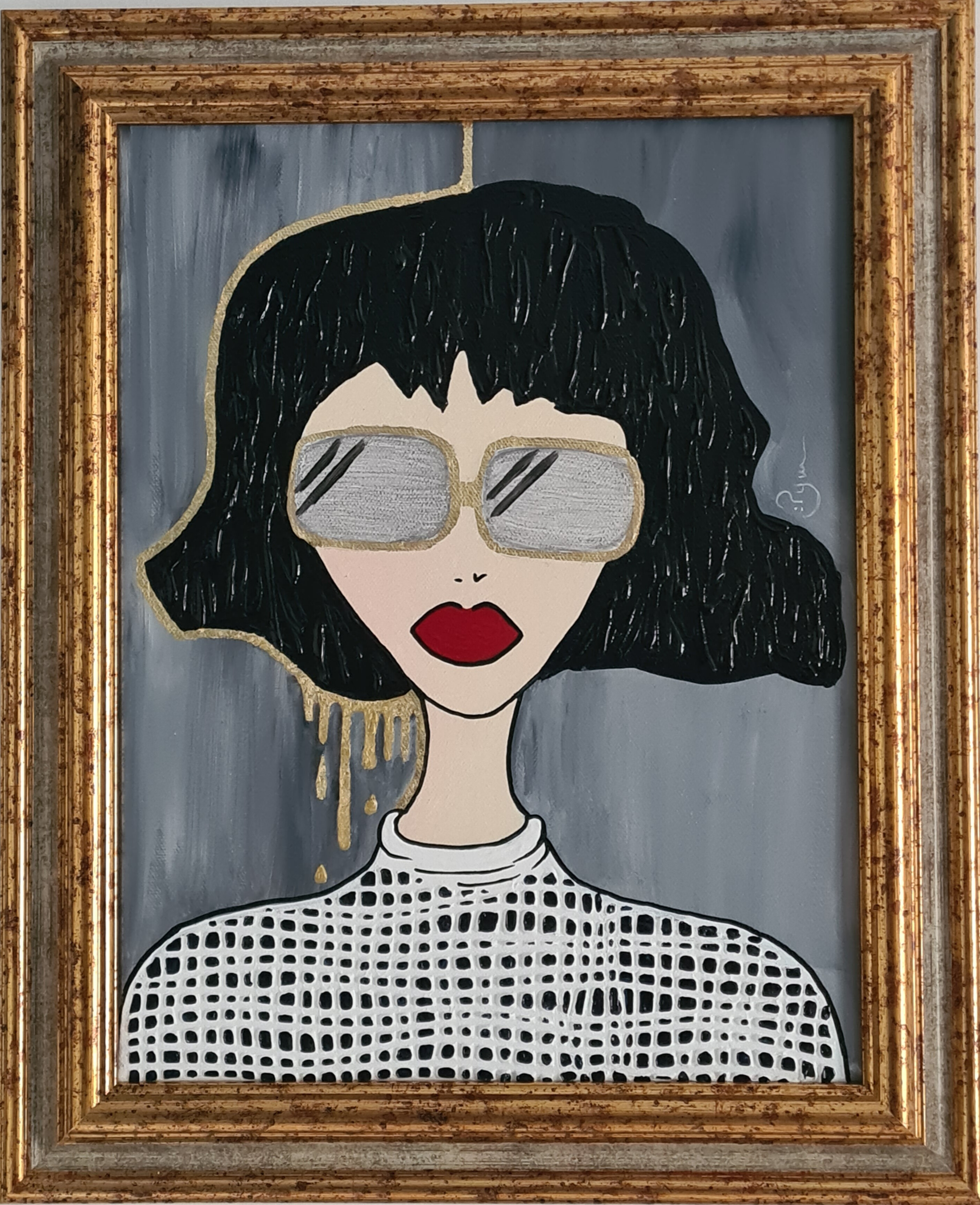 peinture contemporaine portrait d'une femme avec des lunettes doées à la feuille d'or, dans un cadre doré, art contemporain par PyM, artiste de Dordogne, "ANNA"