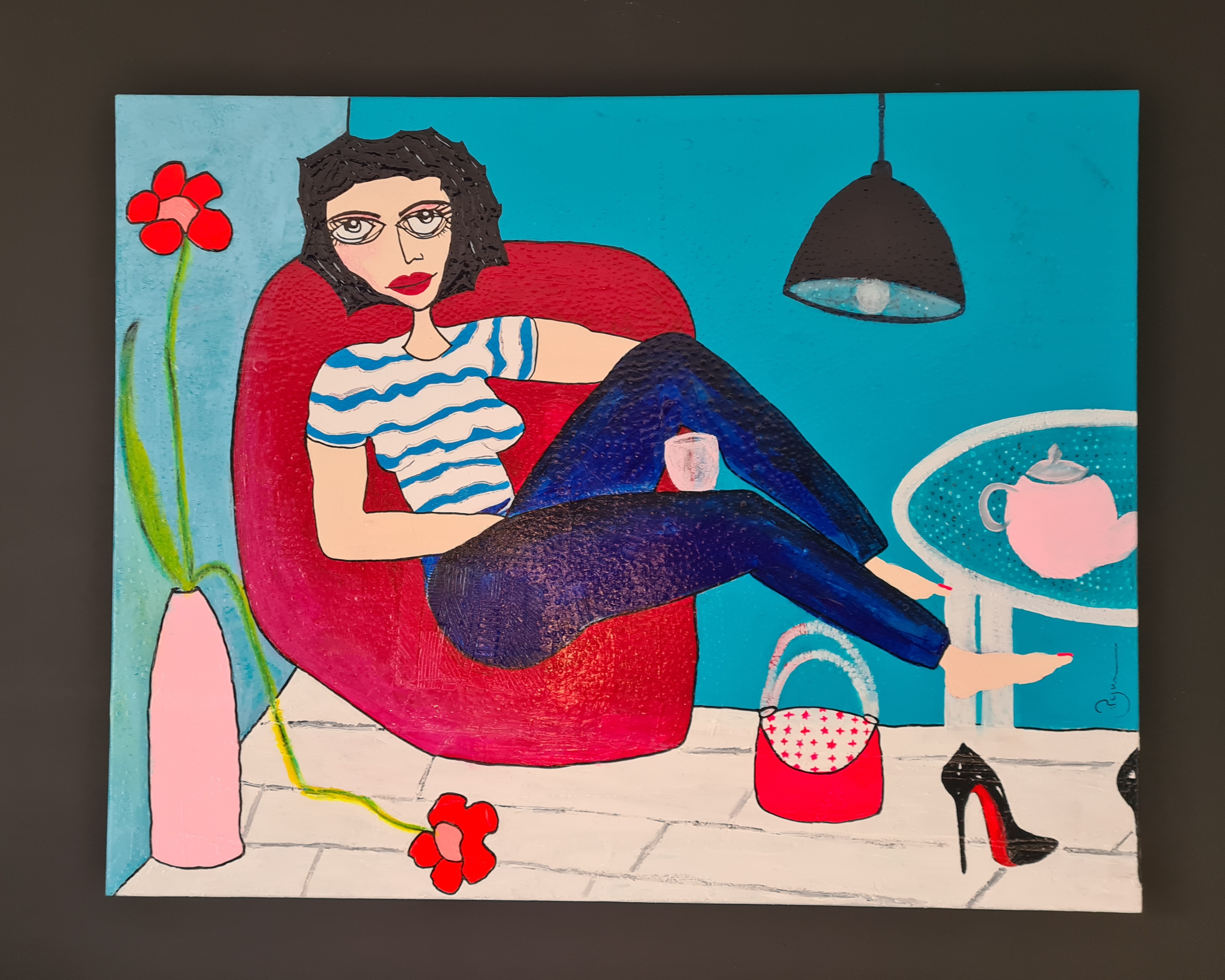 peinture portrait de femme moderne figurative peinte médium acrylique dans une caisse américaine noire, art contemporain figuratif naïf expressif par femme artiste peintre PyM, artiste de Dordogne, Le temps d'un thé, 2024_045