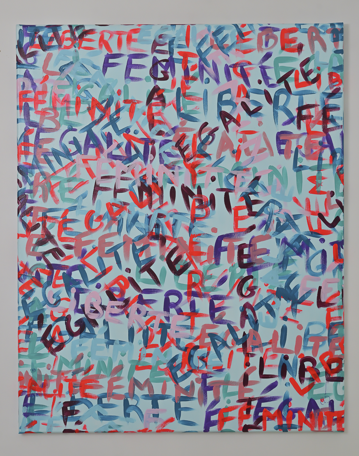 Toile "LIBERTE EGALITE FEMINITE", partie 2 du diptyque peinture contemporaine portrait d'une femme engagée, sur un fond de devise Liberté, Egalité, Féminité, art contemporain par PyM, artiste française de Dordogne, France, 2025_005