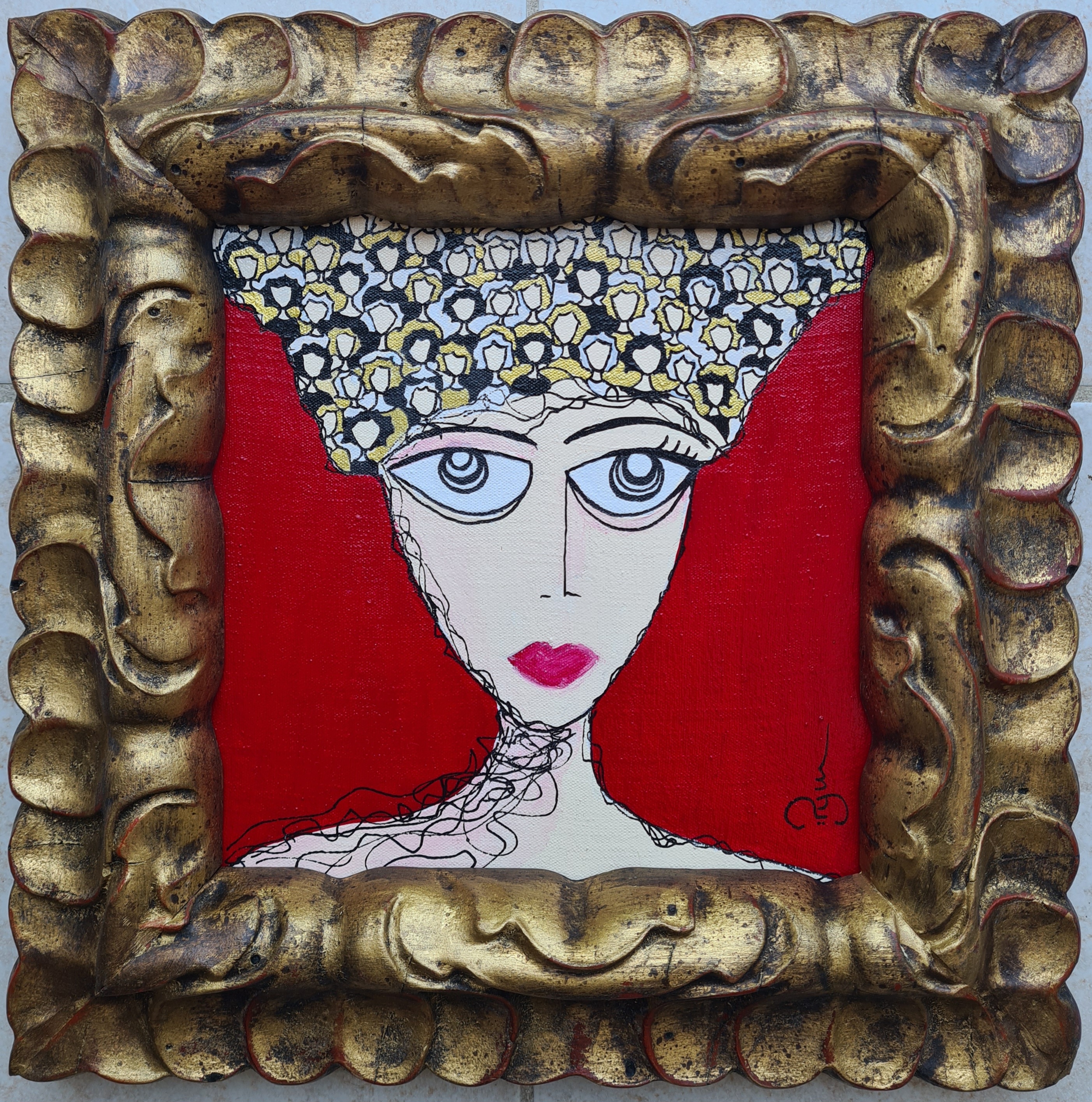 peinture contemporaine portrait d'une femme avec chevelure foule de femmes dans un cadre doré, art contemporain par PyM, artiste de Dordogne, "ELIZABETH"