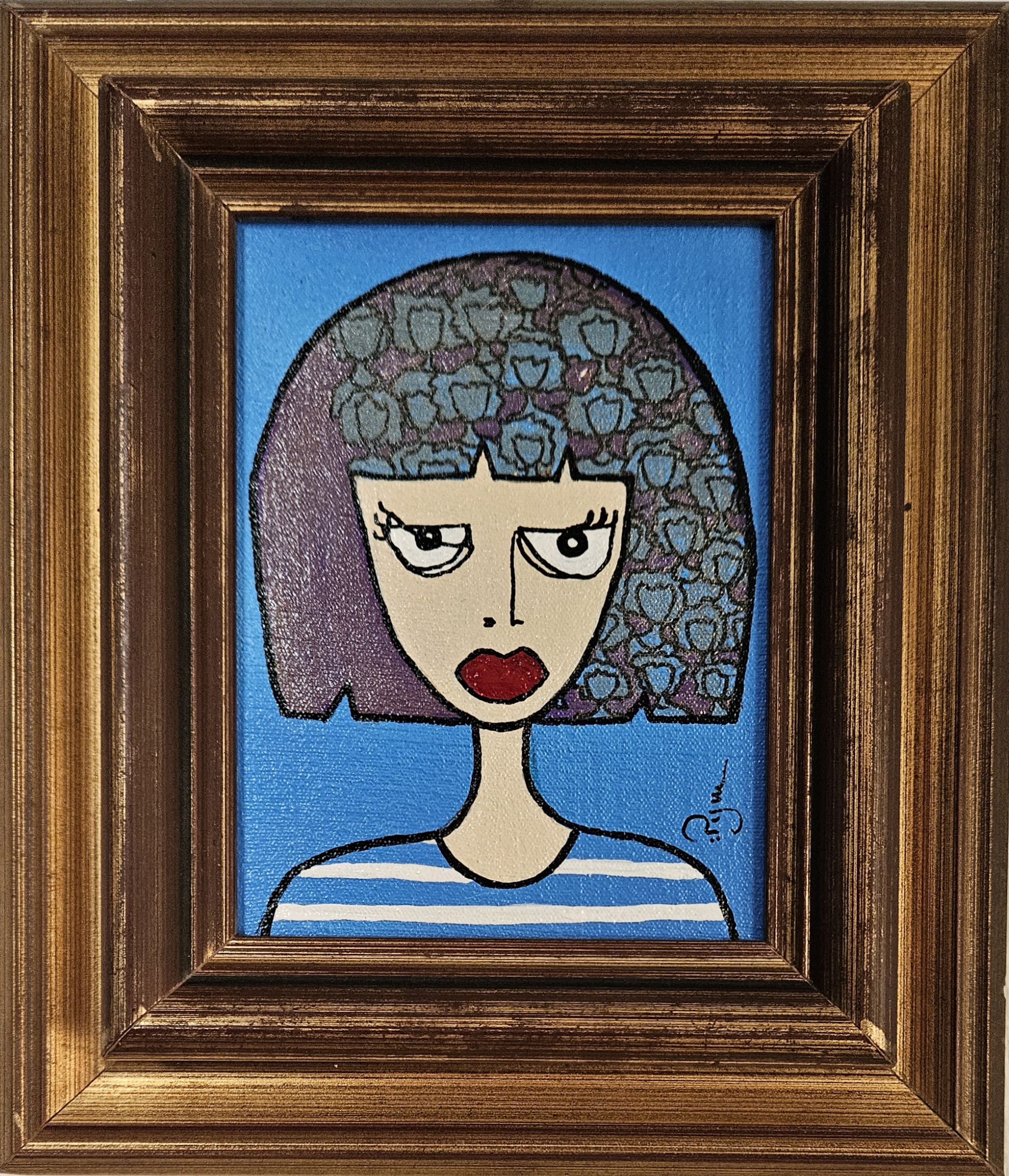 Peinture d'une femme à la chevelure d'une foule de femmes, art contemporain figuratif et naïf par PyM artiste de Dordogne, "EVA pense trop"