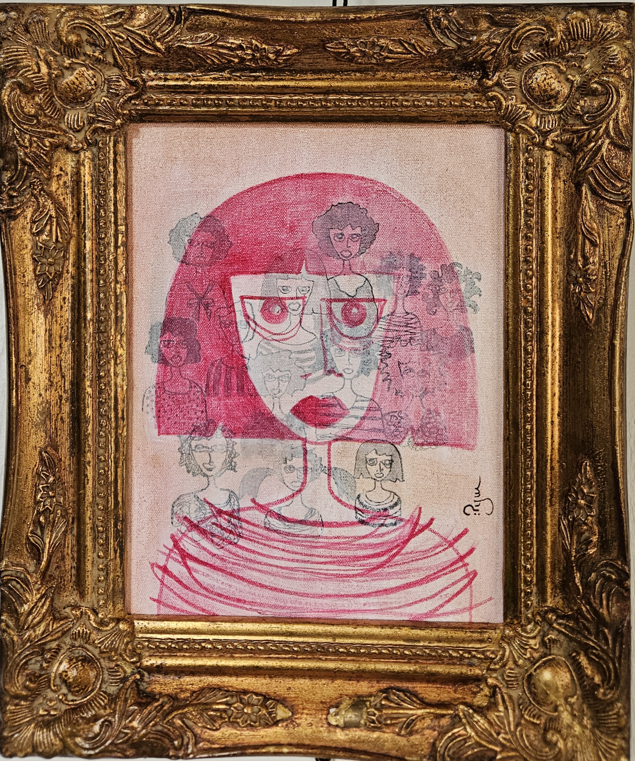 peinture moderne portrait d'une femme devant une foule dans un cadre doré, art contemporain, figuratif et naïf par PyM, artiste de Dordogne, "ALICIA"