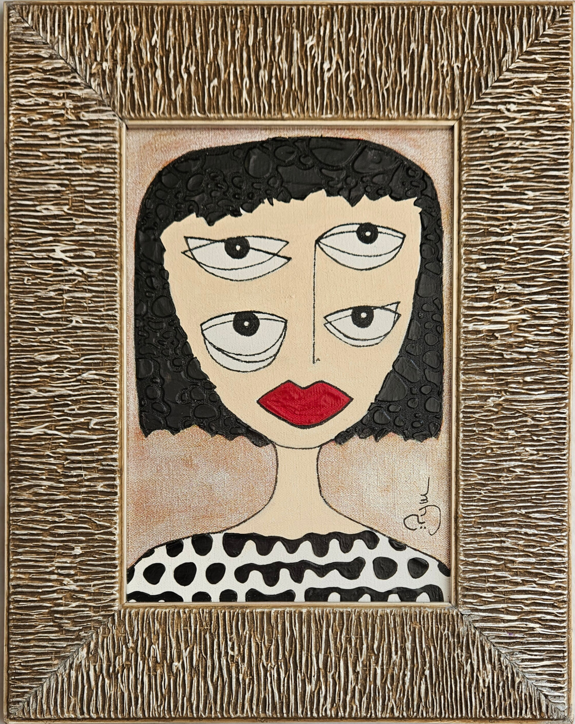 peinture contemporaine portrait d'une femme avec quatre yeux expressifs dans un cadre doré, art contemporain par PyM, artiste de Dordogne, "LOUNA"