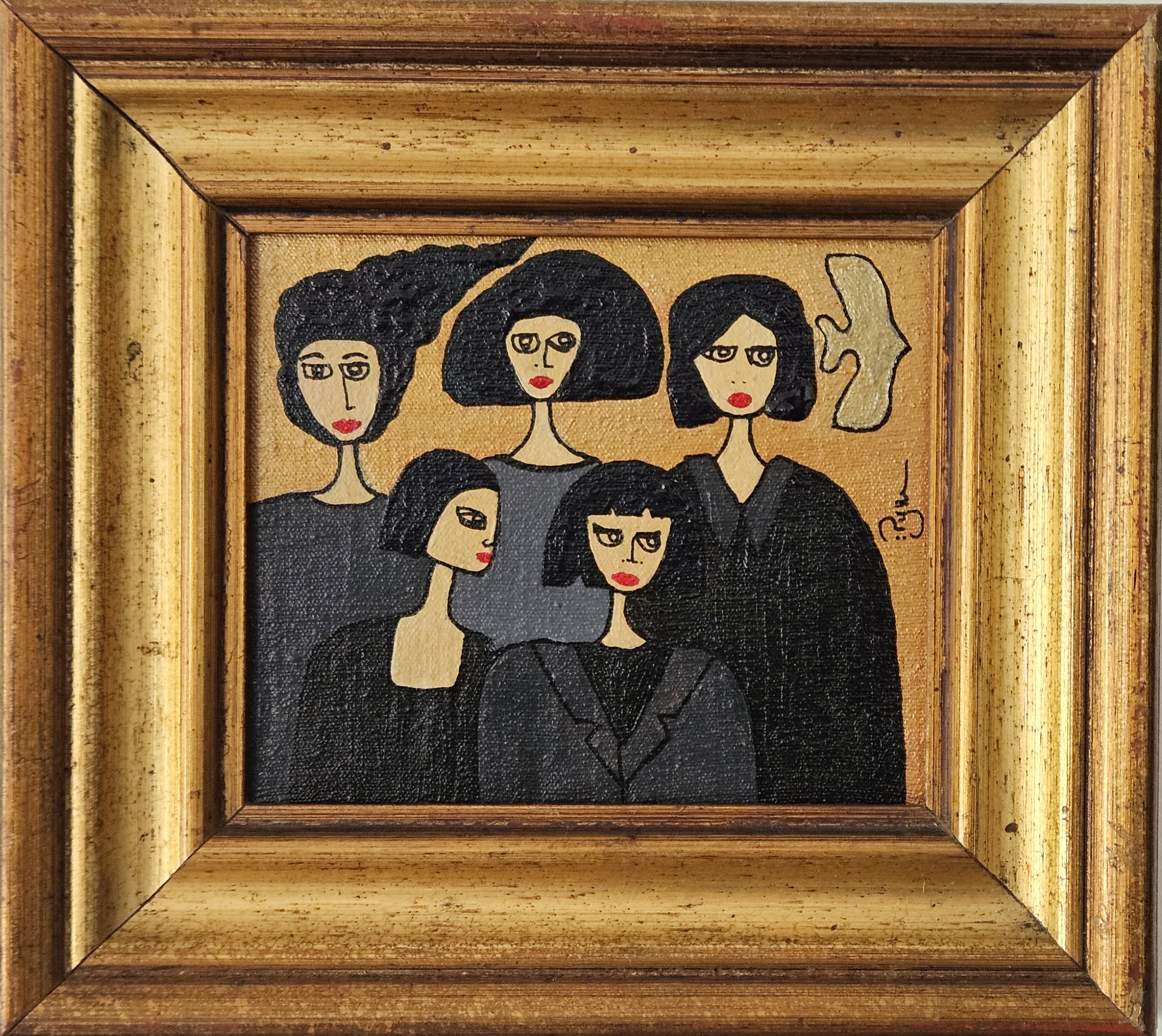 peinture contemporaine d'un groupe de femmes avec une colombe comme symbole de la paix, dégradé de noir et doré, dans un cadre en bois mouluré et doré, art contemporain par PyM, femme artiste de Dordogne, "FEMININE"