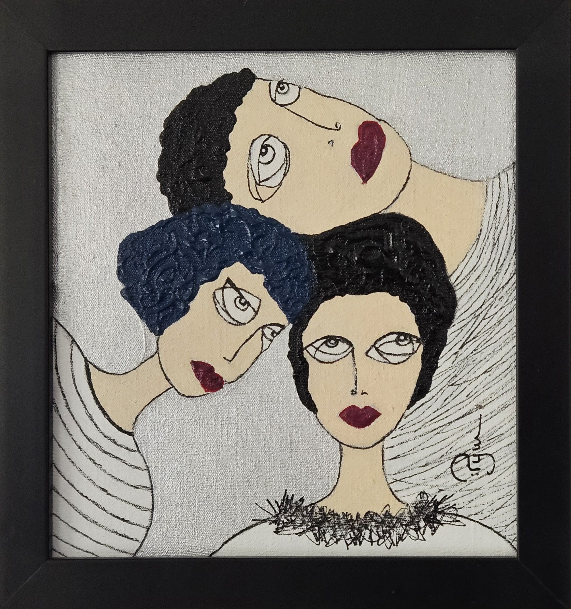 peinture contemporaine portrait femmes, dans un cadre noir, art contemporain, acryliques par PyM, artiste de Dordogne, "TOURBILLON"