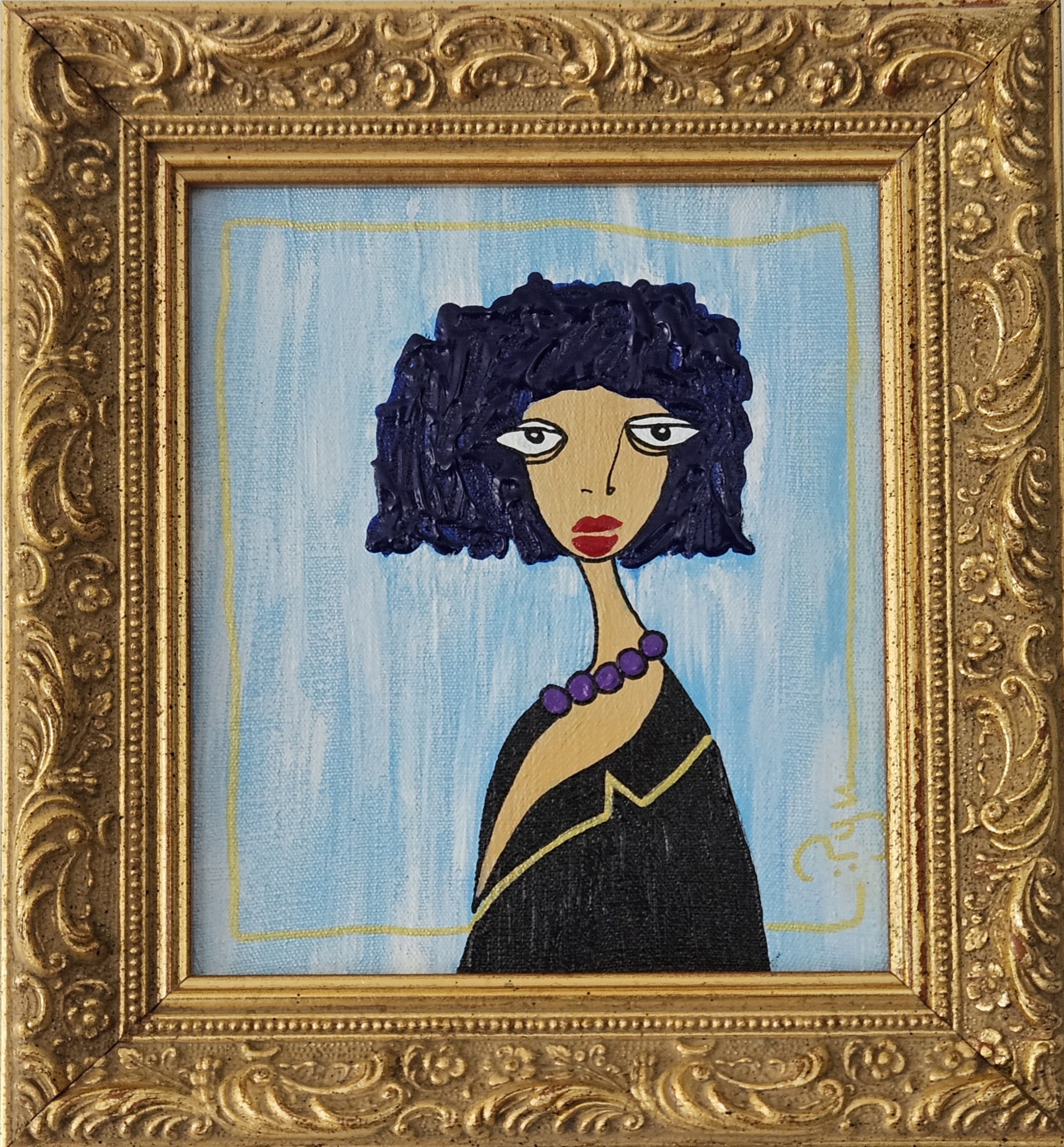 Peinture portrait de femme en costume, médium acryliques, art contemporain figuratif et naïf par PyM artiste de Dordogne, "AFTER WORK"