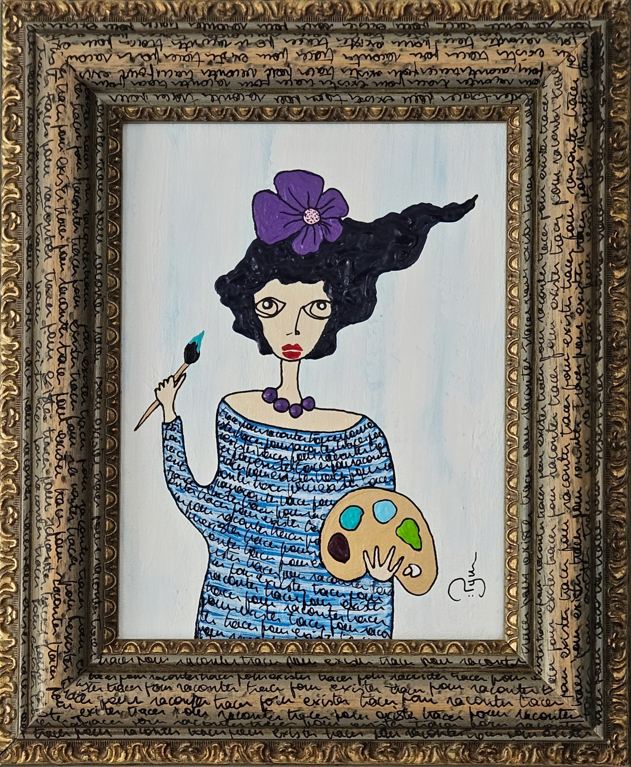 Peinture d'une femme peintre qui trace pour exister, art contemporain figuratif et naïf par PyM artiste de Dordogne, tracer pour"RACONTER"