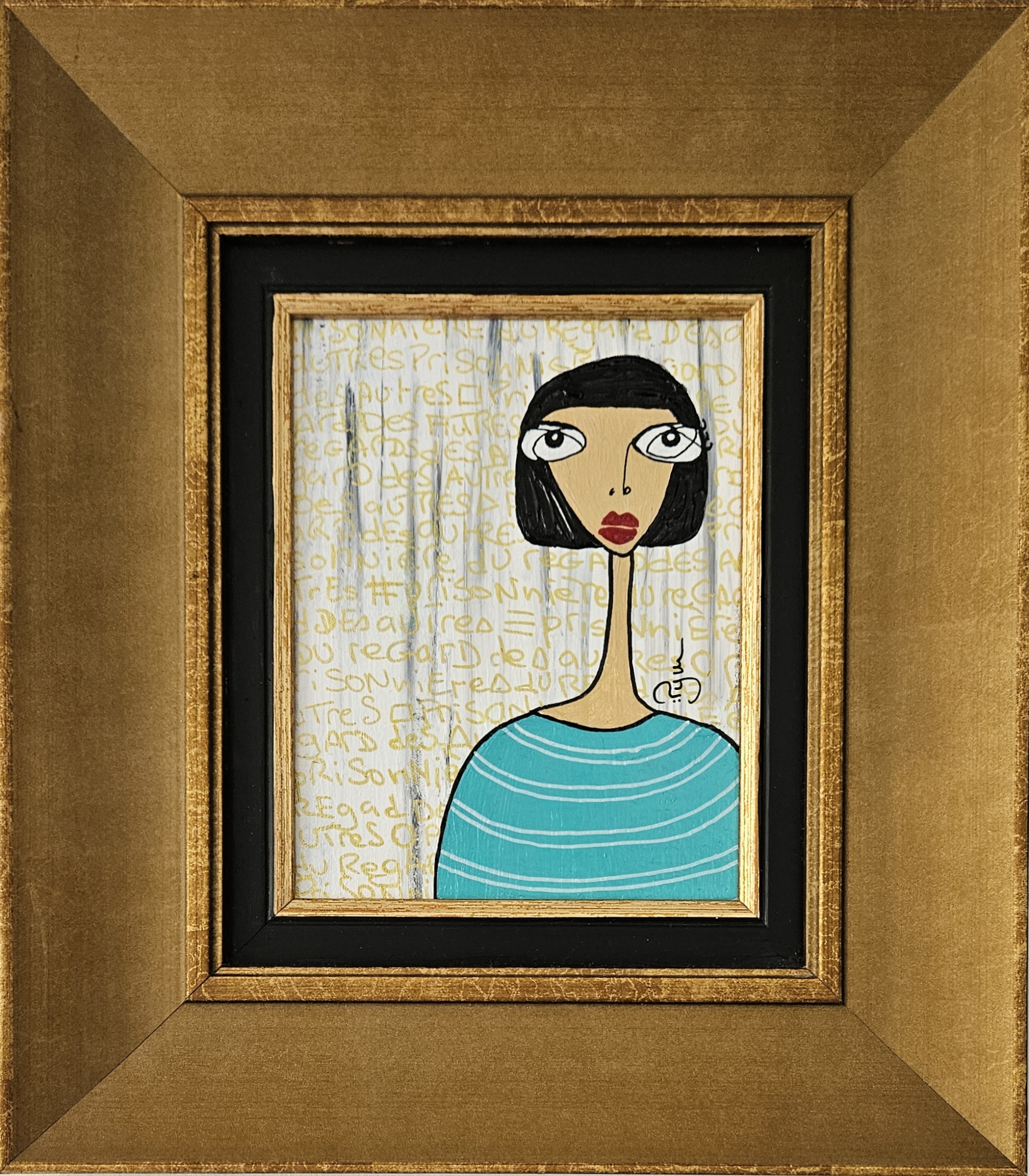 peinture sur toile contemporaine portrait d'une femme aux yeux exorbités et au long cou, dans un cadre doré, art contemporain par PyM, artiste de Dordogne, "MOA"