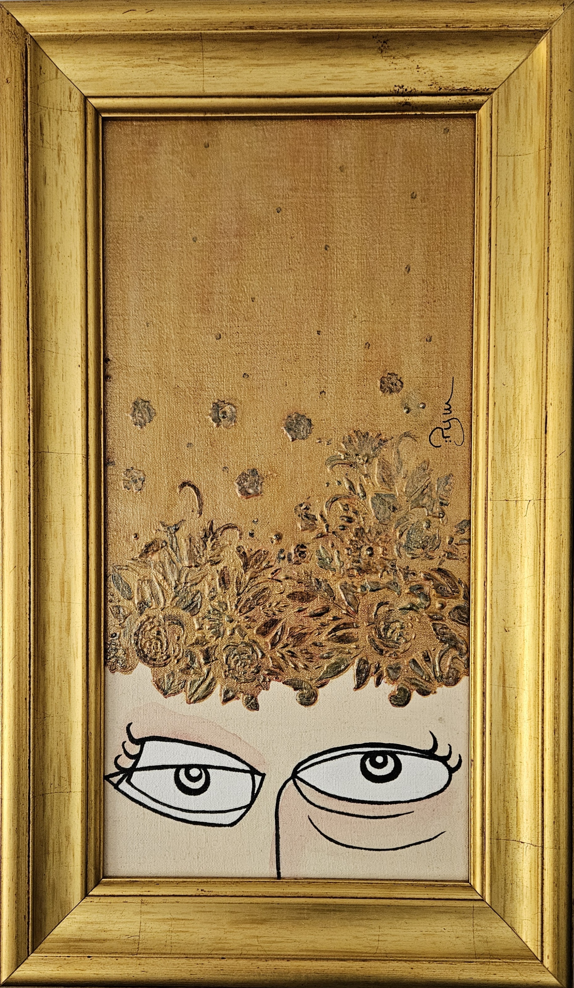 peinture yeux de femme, œuvre contemporaine dans un cadre doré, art contemporain par PyM, artiste de Dordogne, "MILA"
