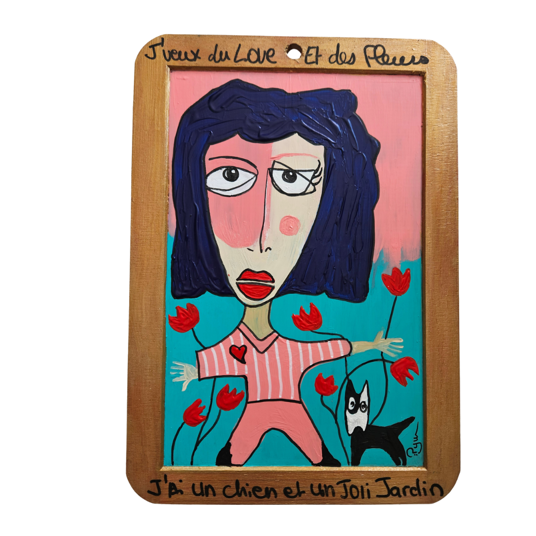 peinture ardoise du love, pensées posées là, art contemporain portrait d'une femme sur ardoise, art néo-expressionniste par PyM, artiste de Dordogne, "DU LOVE et DES FLEURS"